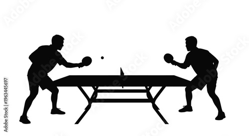 Two players engaged in a ping pong match a striking silhouette