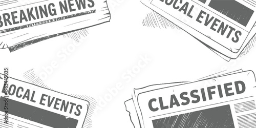 Four newspaper sections with headlines breaking news local events and classified ads