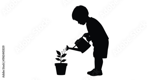 Young boy carefully watering a small plant black silhouette