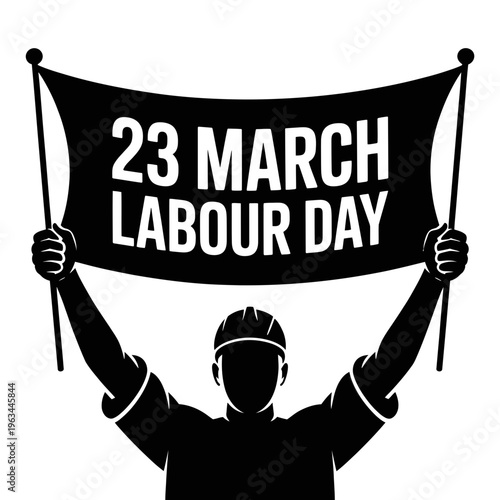 A black and white vector graphic illustration of a worker holding a Labour Day banner