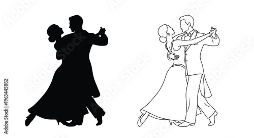 Elegant couples dancing one in stark black silhouette