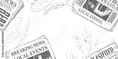 Vintage newspaper pages with breaking news local events and classifieds surrounded by delicate botanical line