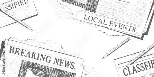 Torn newspapers with headlines breaking news local events classifieds and pencils