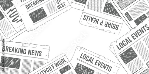 Scattered newspapers with headlines reading breaking news and local events in a sketchy hand drawn style