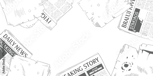Hand drawn newspaper headlines and articles scattered across a white background breaking