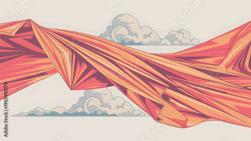 Abstract flowing fabric in coral and orange against a pale sky with clouds, cloth textile 