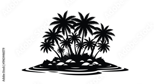Tropical island with several palm trees in a striking silhouette