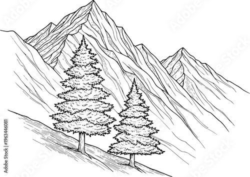 Black and white line of pine trees a mountain slope with jagged peaks nature landscape