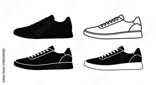 Four sneaker illustrations one solid three in black silhouette