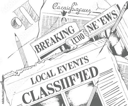 Hand drawn of scattered newspapers with headlines breaking news local events classified ads and pencils
