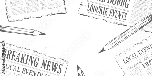 Torn grey newspapers with headlines like breaking news and local events scattered with pencils white