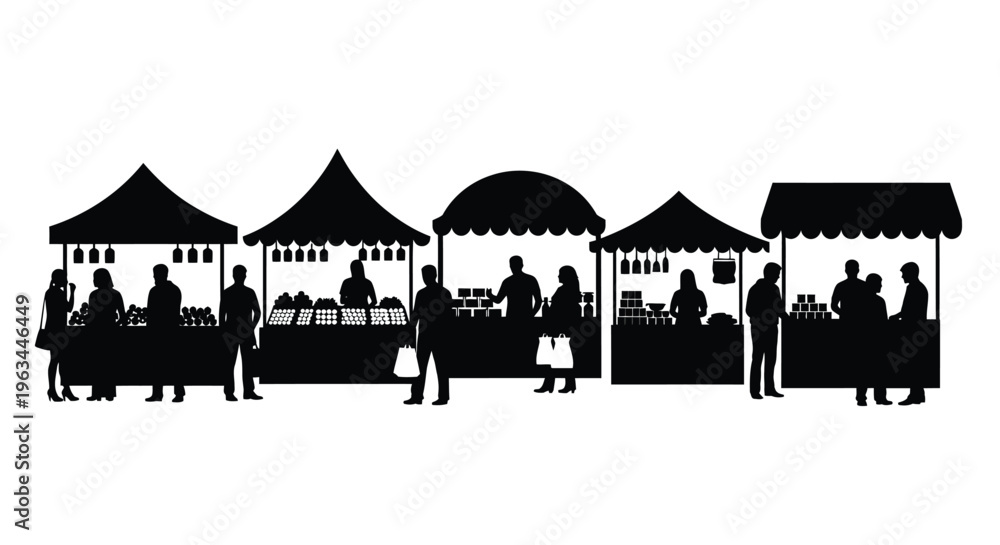 Obraz premium Outdoor market stalls with people a striking black silhouette