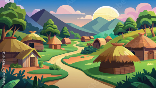 A serene landscape illustration of a rural village nestled among green hills under a bright sun