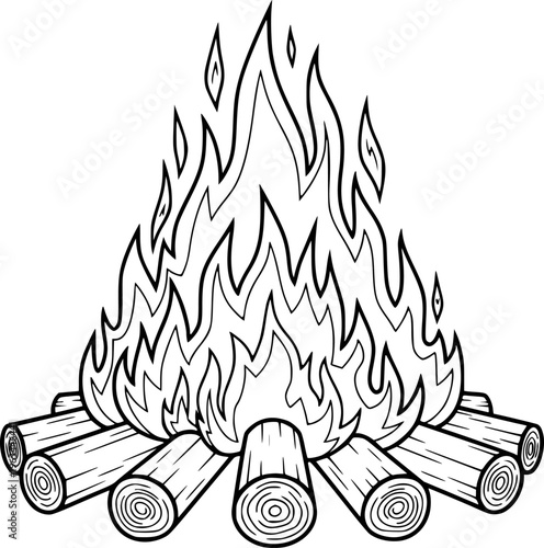 Black and white of a campfire with logs and flames a white background burning wood