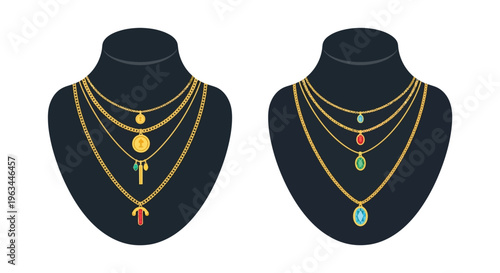 Layered gold necklaces displayed on black jewelry busts vector illustration