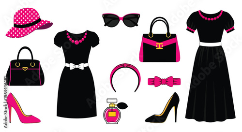 Fashionable accessories and clothing items arranged in a playful colorful design