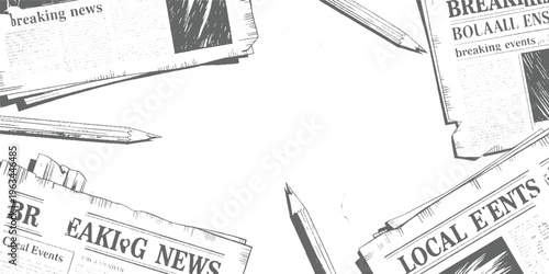 Scattered newspapers with headlines breaking news and local events alongside pencils on white background