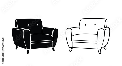 Two modern armchairs one black and one white in outline silhouette