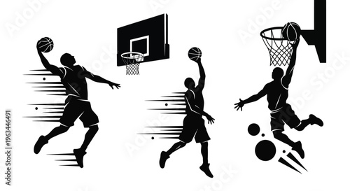 Silhouettes of basketball players in action shooting and dribbling