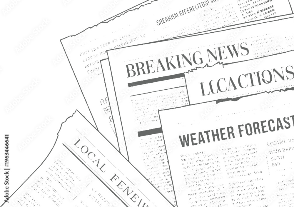 Obraz premium Overlapping newspapers with headlines breaking news local weather forecast and stock market information