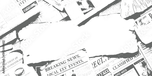 Torn grey and white newspaper pages with text and classified ads forming a frame