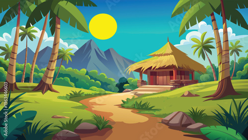 A serene tropical landscape featuring a wooden hut nestled among tall palm trees under the sun