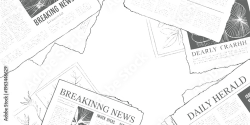 Scattered torn newspaper pages with headlines and text in grayscale