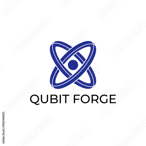 Qubit Forge Logo with Interlocking Rings and Central Dot Representing Quantum Computing.