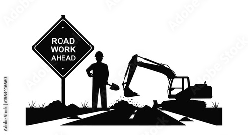 Road work ahead sign with construction worker and machinery silhouette