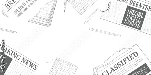 Stacked newspapers with headlines breaking news classifieds and local events surrounded by pencils