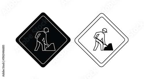 Road work ahead warning signs featuring a worker with a shovel silhouette