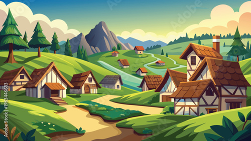 A serene landscape featuring a quaint medieval village nestled among rolling green hills and trees