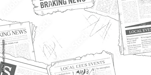 Scattered grey newspapers with headlines and text fragments breaking local events