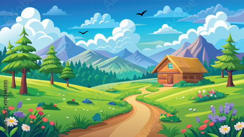 A beautiful landscape featuring a rustic cabin nestled in a serene mountain valley with trees