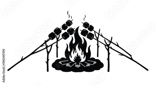 Campfire with marshmallows on sticks a striking black silhouette