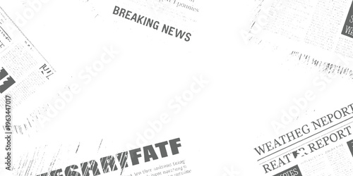 Newspaper clippings with headlines b r e a k i n g n e w s w e a t h e r e p o r t and f a t f text on white background