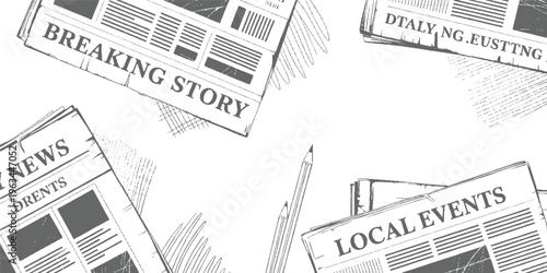 Of newspapers with headlines breaking story local events and daily news and a pencil