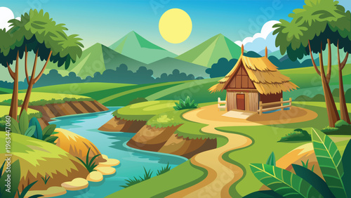 A serene landscape featuring a quaint wooden hut situated near a winding river in the countryside