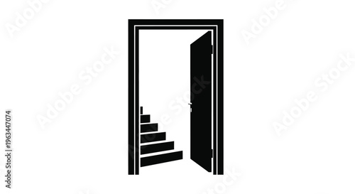 An open doorway reveals a staircase a stark black silhouette