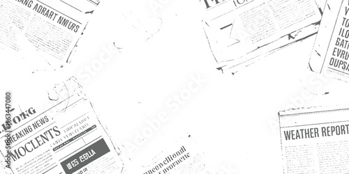 Scattered vintage newspaper pages with headlines and text in grayscale