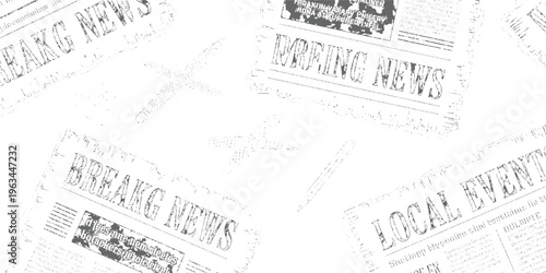 Scattered newspaper headlines and articles with a distressed texture print