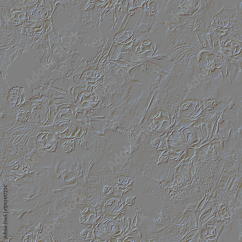 3d embossed floral roses flowers seamless pattern. Textured white gray emboss vector background with relief line art rose flowers, leaves, berries. Beautiful surface endless texture with 3d effect.
