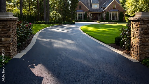 Freshly sealed asphalt driveway with glossy black surface showcasing smooth texture durability and modern residential maintenance concept perfect for construction background and infrastructure themes