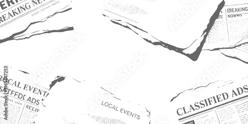 Torn newspaper pages with headlines breaking news local events and classified ads in grayscale