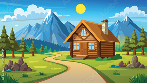 A serene wooden cabin nestled peacefully in a vibrant landscape beneath a bright yellow sun