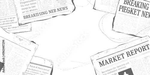 Scattered newspaper pages with headlines and text in grayscale breaking market report