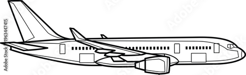 Black and white line drawing of commercial airplane side view, streamlined fuselage with wings, engines, tail fin, windows, symbolizing aviation, travel, transport, and education themes
