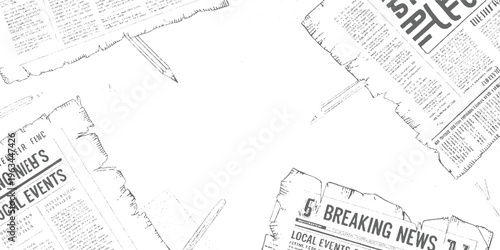 Torn newspaper pages with headlines and pencil on white background text