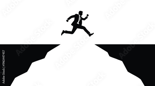 Ambitious businessman silhouette leaping across a chasm, symbolizing courage, risk-taking, and overcoming challenges in the pursuit of success
