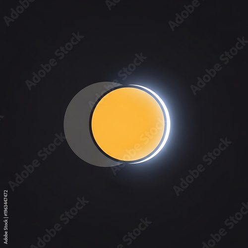 A graphic illustration of a yellow circle with a gray shadow on a black background representing the moon or sun with a glowing effect around it